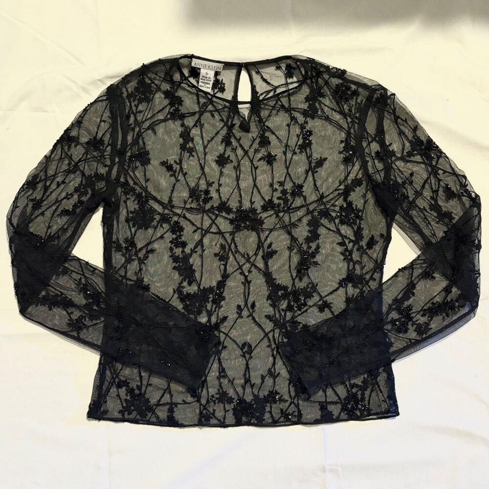 Anne Klein Y2K Beaded Mesh Long Sleeve Blouse Top Size 6 2000s Fairy Grunge - Picture 3 of 8